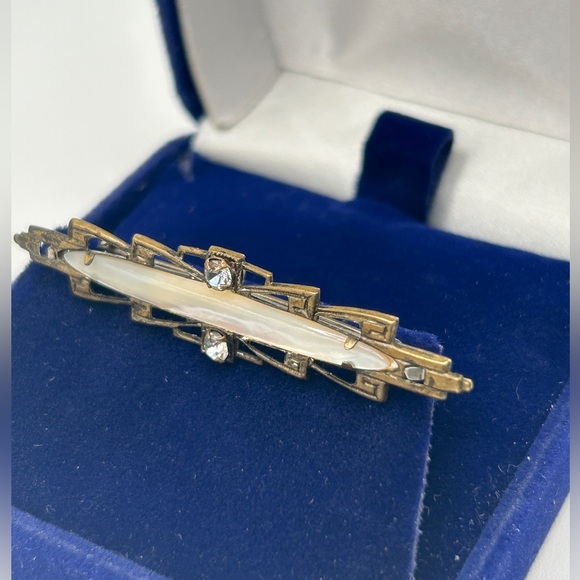 Art Nouveau Bar Pin Brooch Mother of Pearl and Crystal Rhinestones Rare Antique - Picture 7 of 11